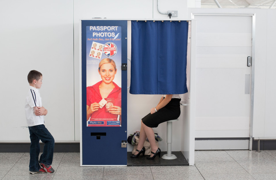 Passport photo booth at Stansted Airport, UK